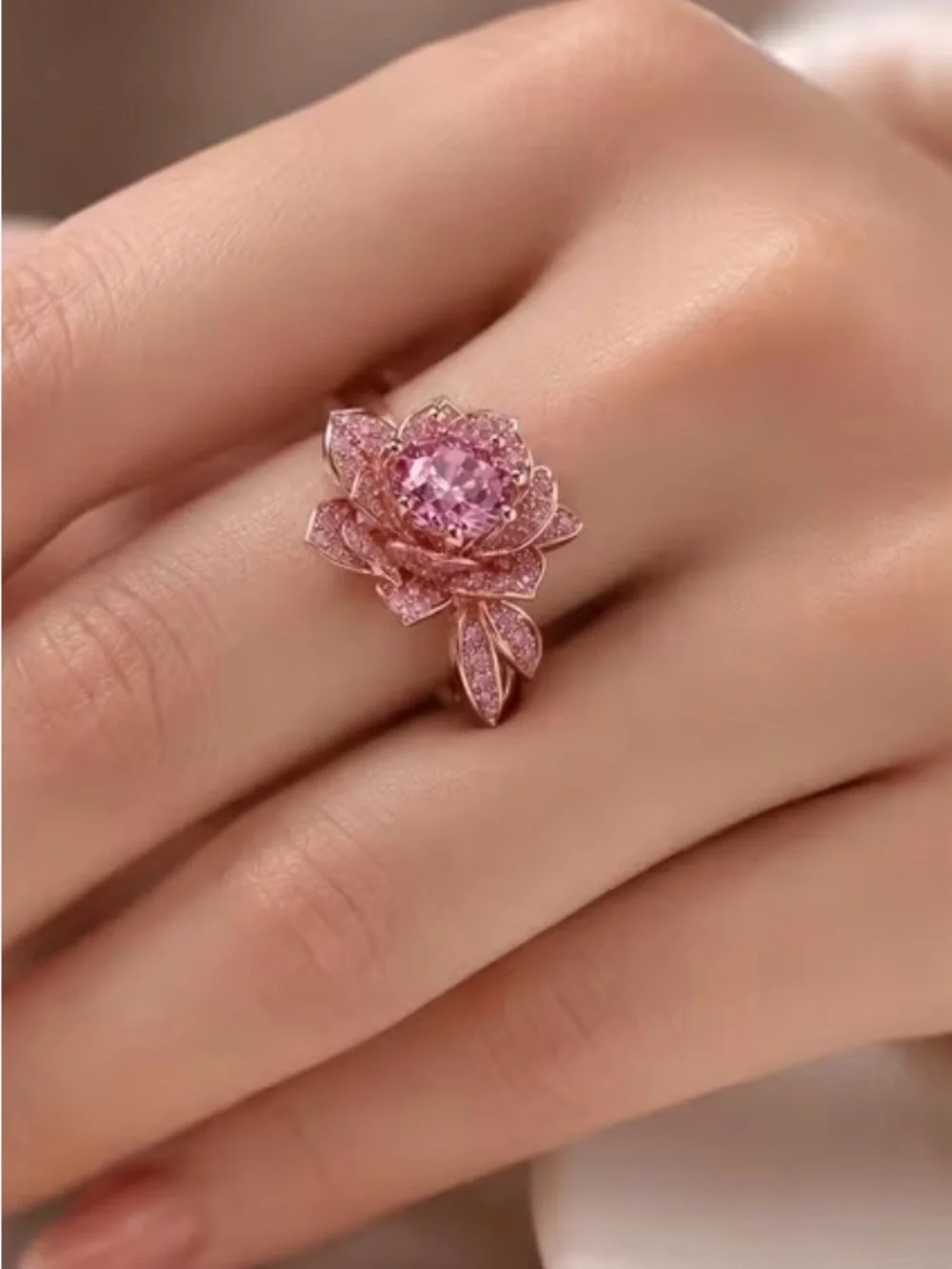 Elegant Pink Flower Cocktail Ring - Rose Gold Tone